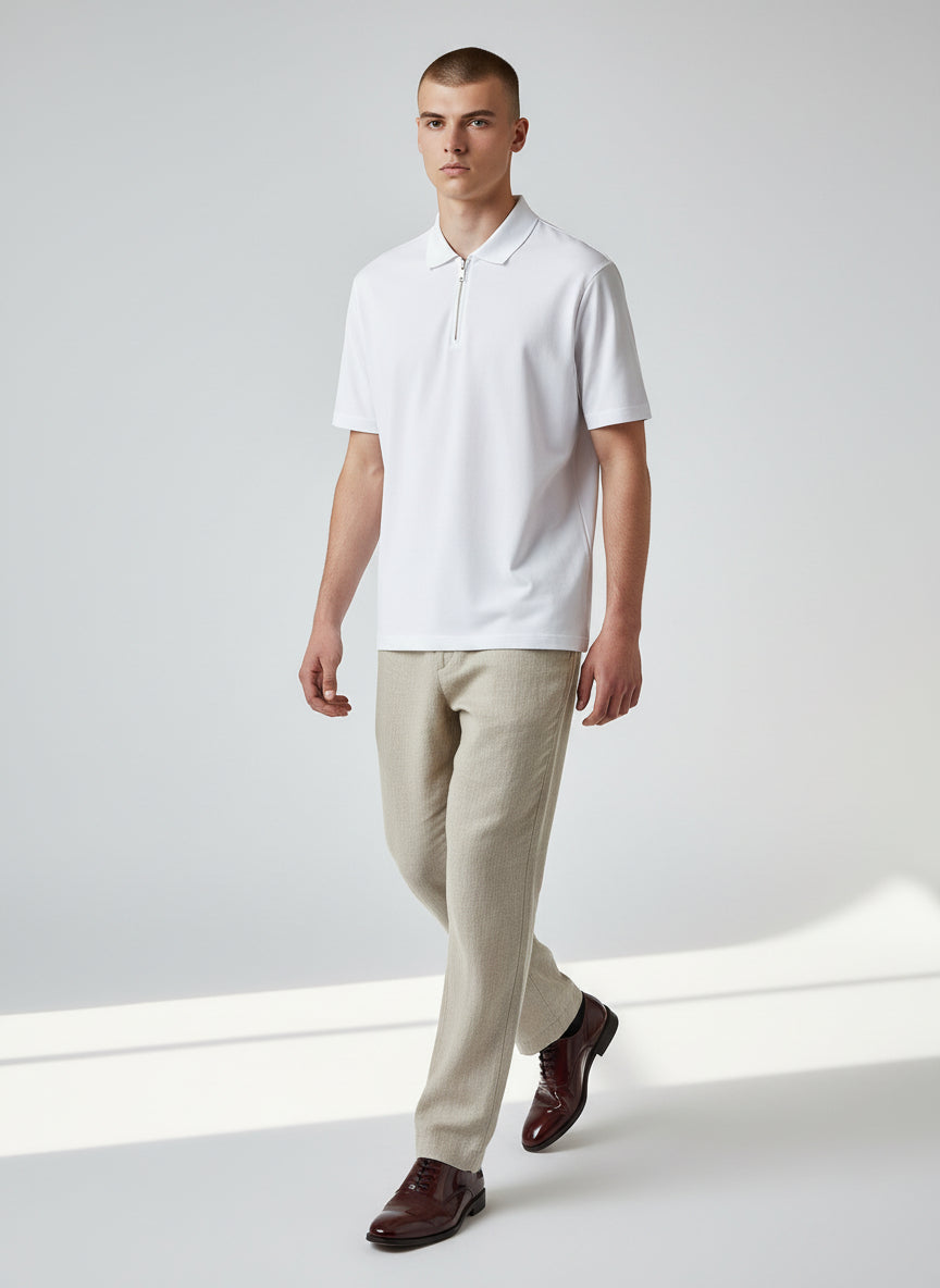 Premium White Half-Zip Polo Shirt – Minimal Contemporary Design