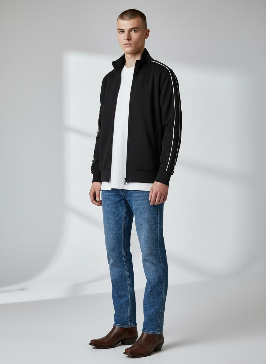 Sport Black Zip-Up Jacket – Contrast Stripe Detail