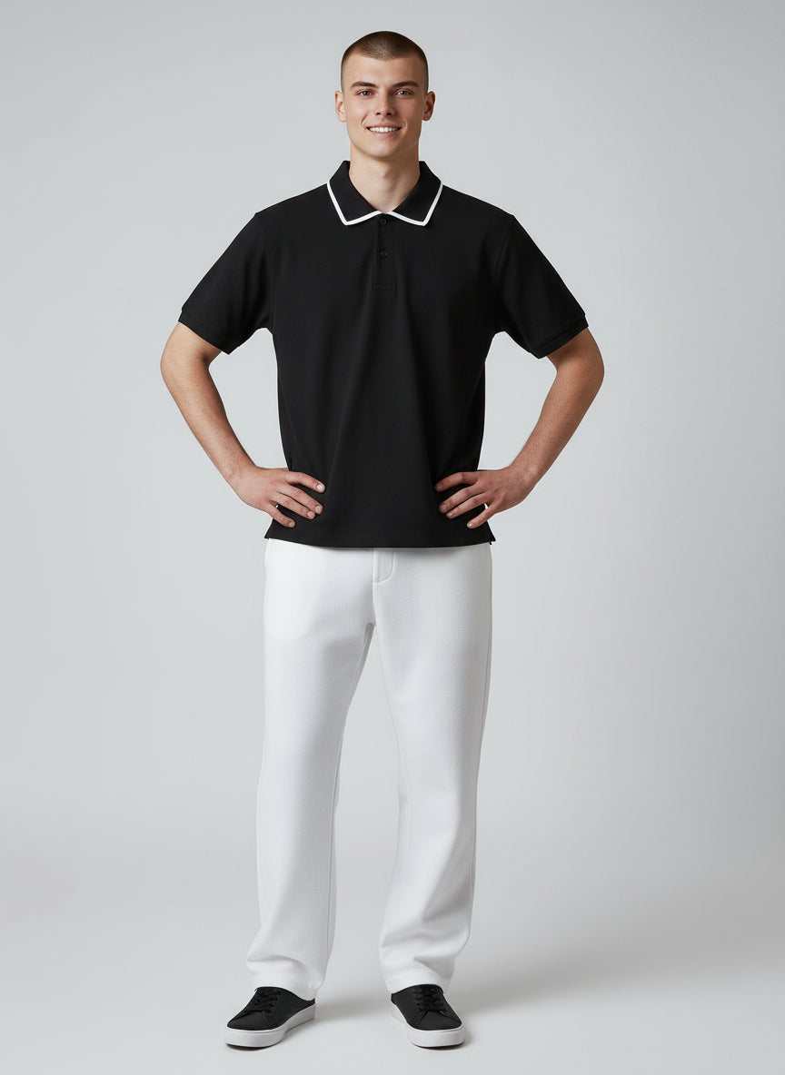 Technical Modern Black Polo with White Trim | Minimal Essential
