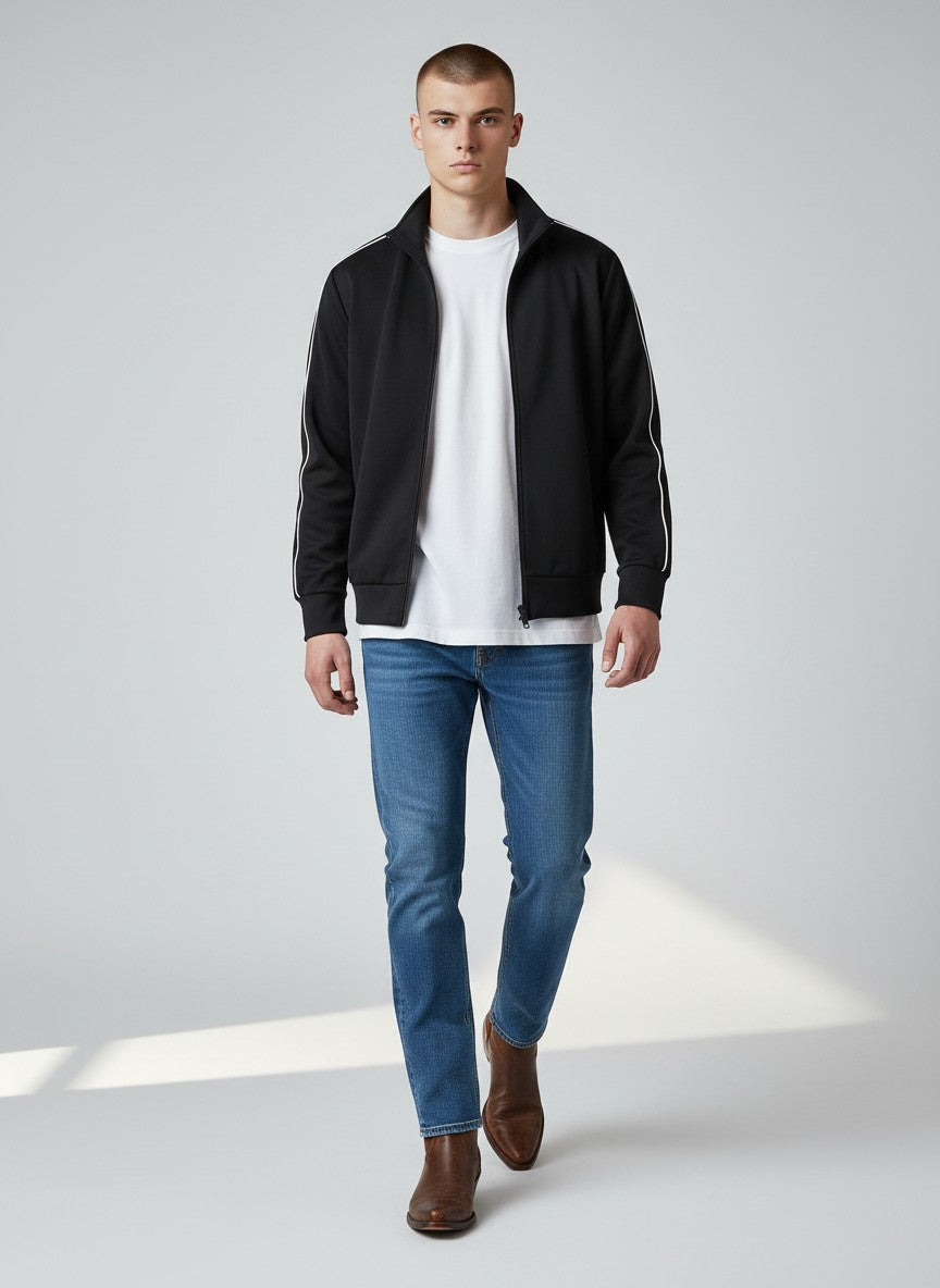 Sport Black Zip-Up Jacket – Contrast Stripe Detail