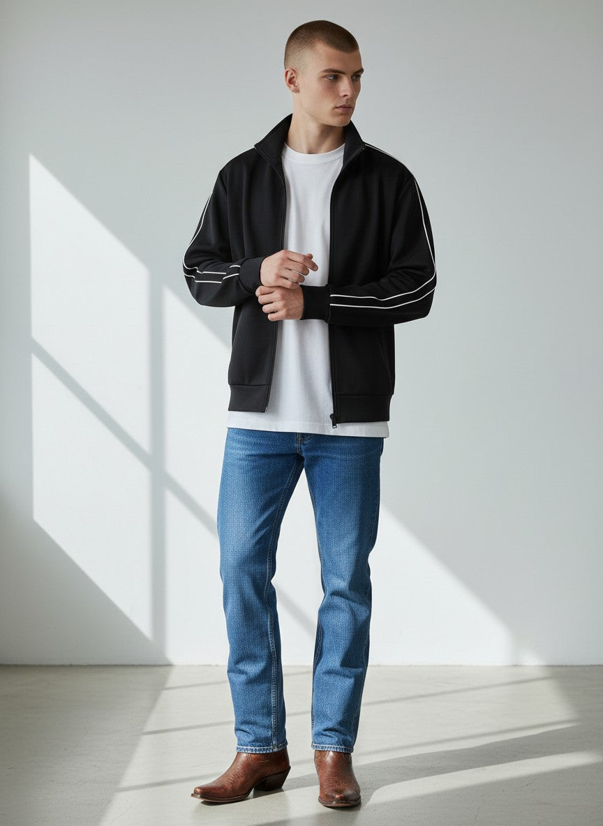Sport Black Zip-Up Jacket – Contrast Stripe Detail