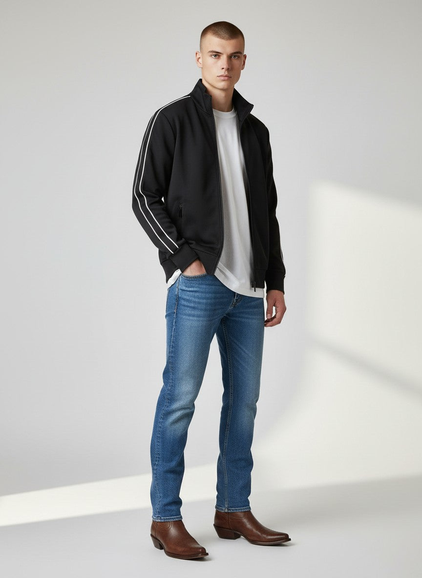 Sport Black Zip-Up Jacket – Contrast Stripe Detail