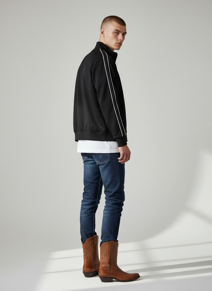 Sport Black Zip-Up Jacket – Contrast Stripe Detail