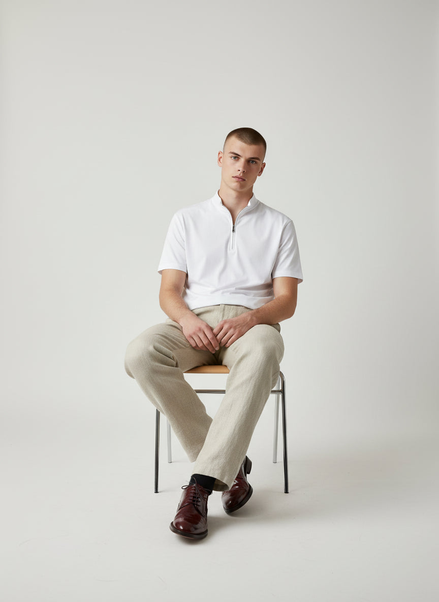 Premium White Half-Zip Polo Shirt – Minimal Contemporary Design