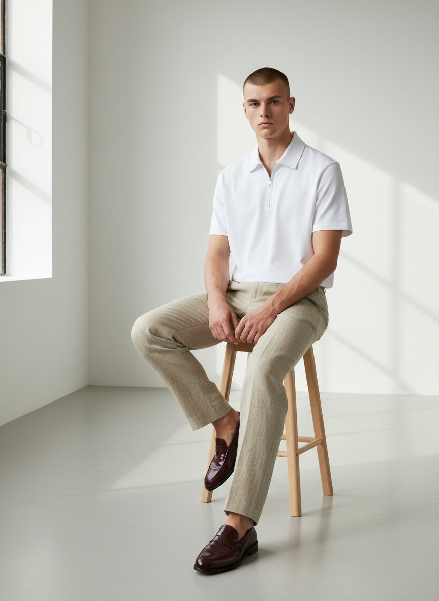 Premium White Half-Zip Polo Shirt – Minimal Contemporary Design