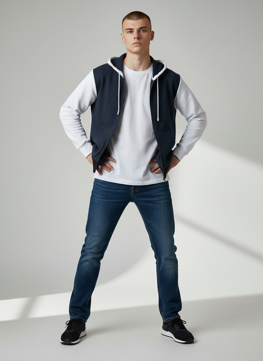Modern Two-Tone Zip Hoodie – Navy & White Contrast