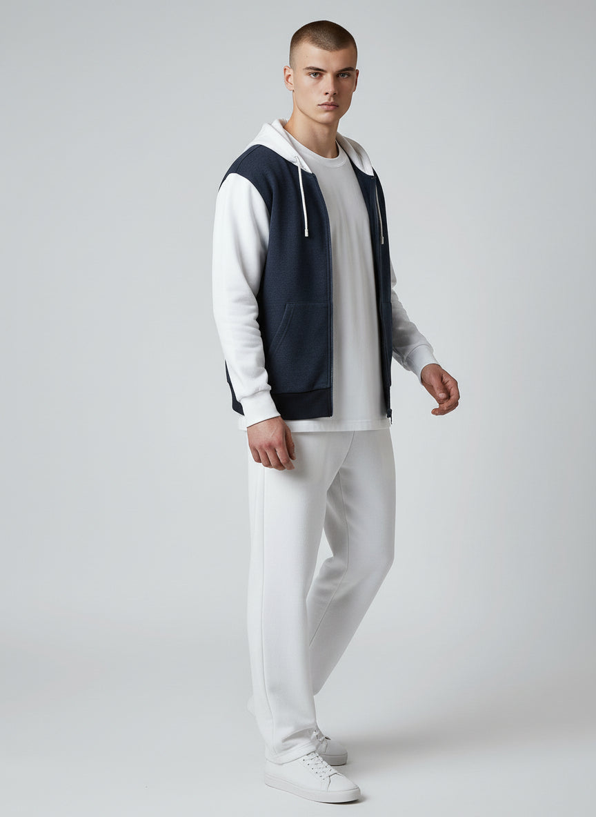 Modern Two-Tone Zip Hoodie – Navy & White Contrast