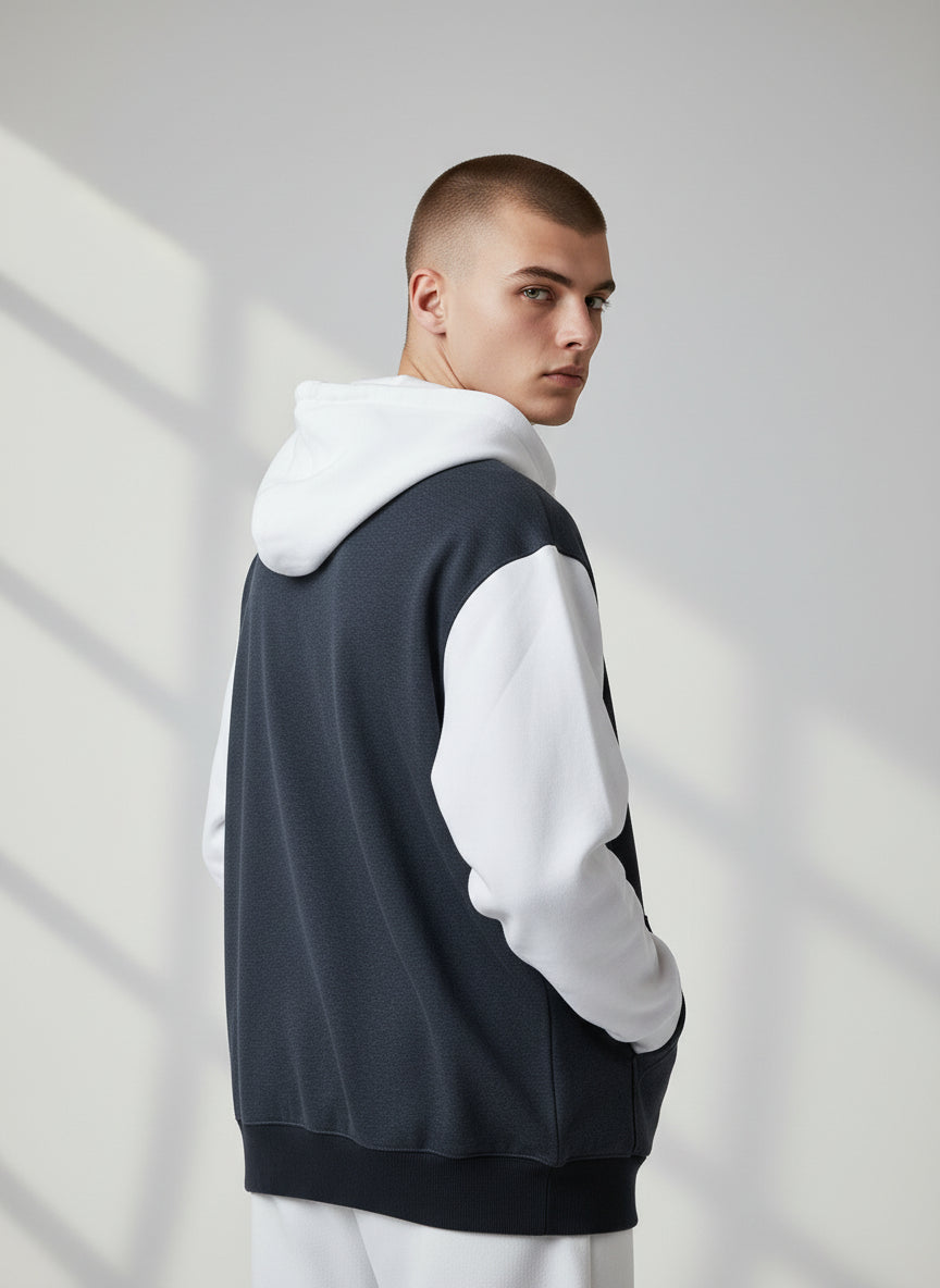 Modern Two-Tone Zip Hoodie – Navy & White Contrast