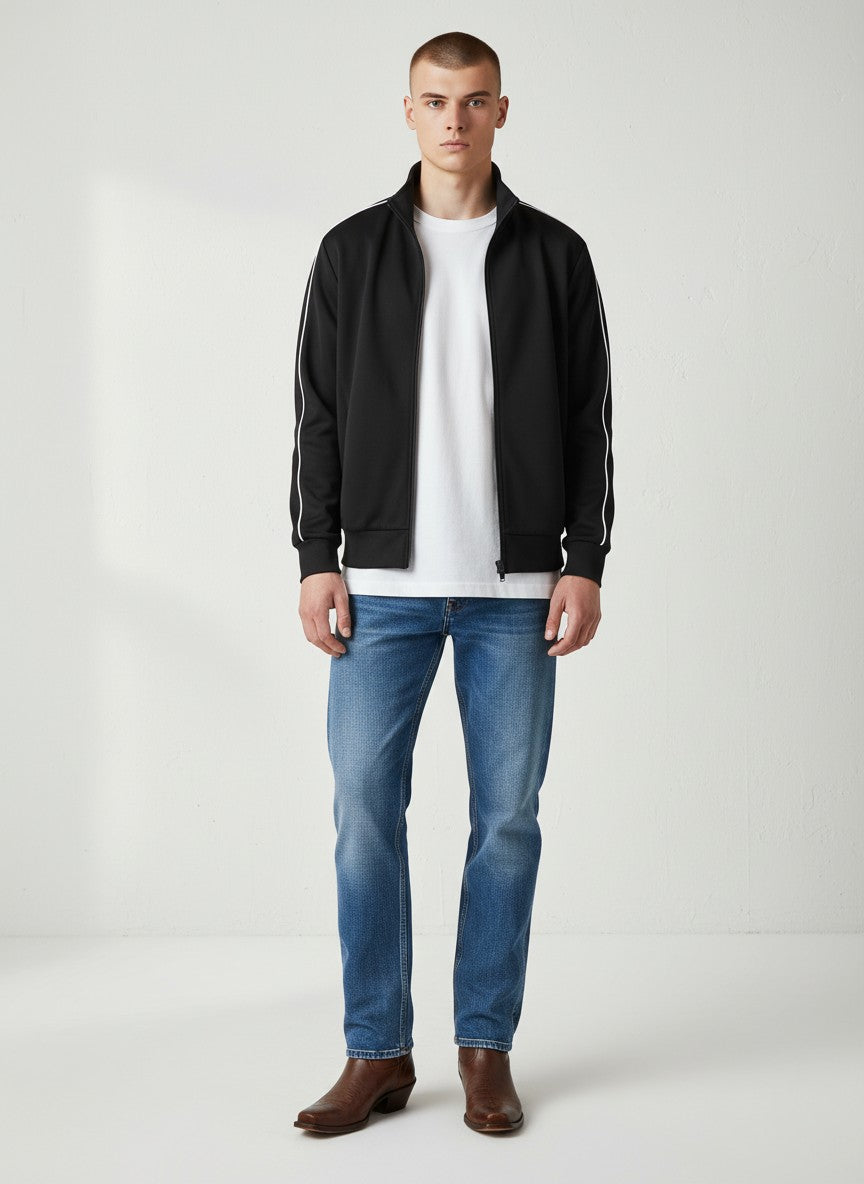 Sport Black Zip-Up Jacket – Contrast Stripe Detail
