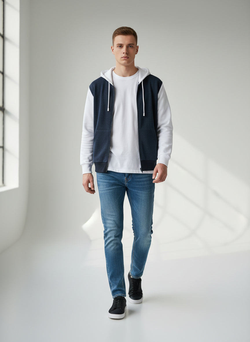 Modern Two-Tone Zip Hoodie – Navy & White Contrast