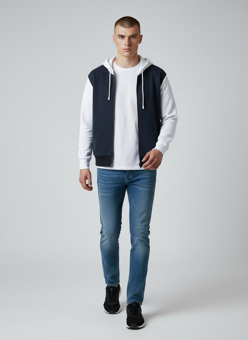 Modern Two-Tone Zip Hoodie – Navy & White Contrast