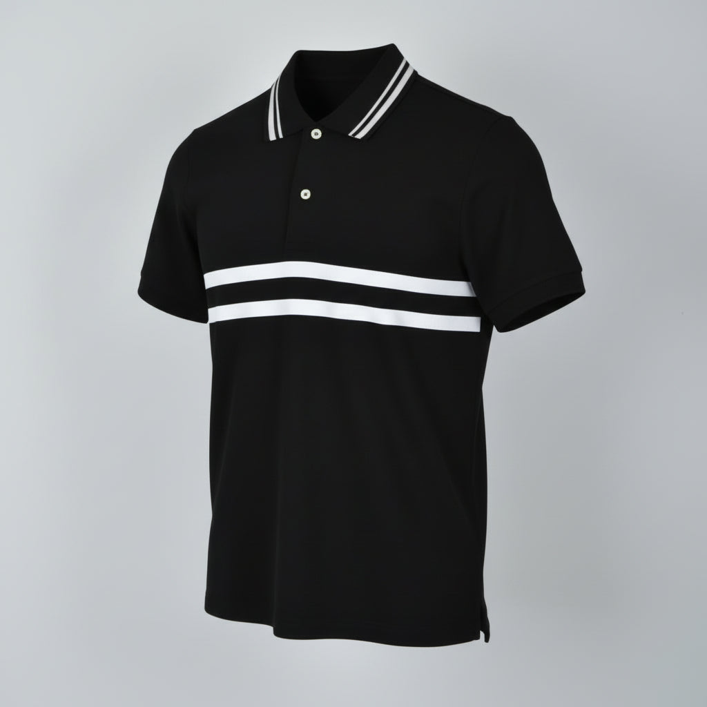 Premium Black Technical Polo Shirt with Double White Stripe