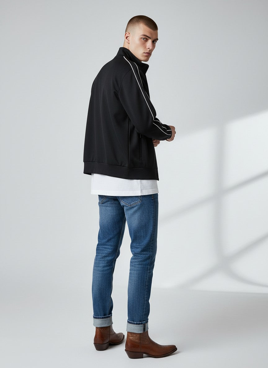 Sport Black Zip-Up Jacket – Contrast Stripe Detail