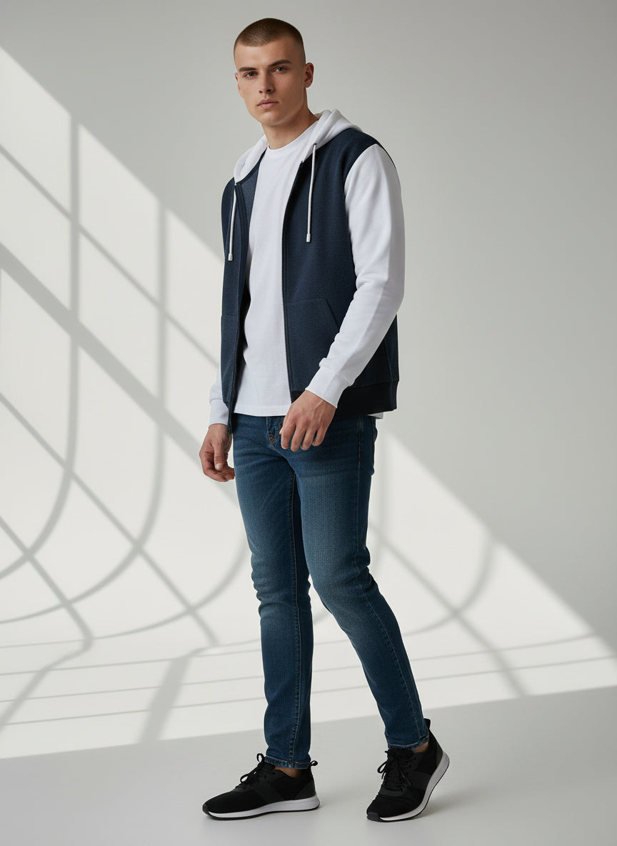 Modern Two-Tone Zip Hoodie – Navy & White Contrast