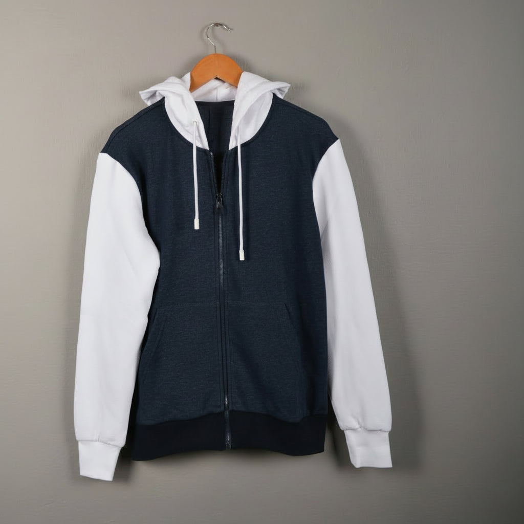 Modern Two-Tone Zip Hoodie – Navy & White Contrast