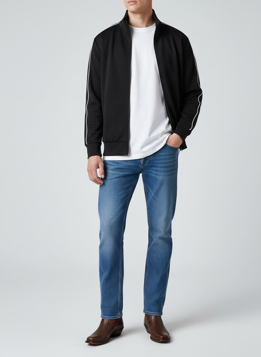 Sport Black Zip-Up Jacket – Contrast Stripe Detail