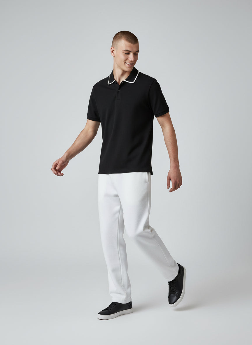 Technical Modern Black Polo with White Trim | Minimal Essential