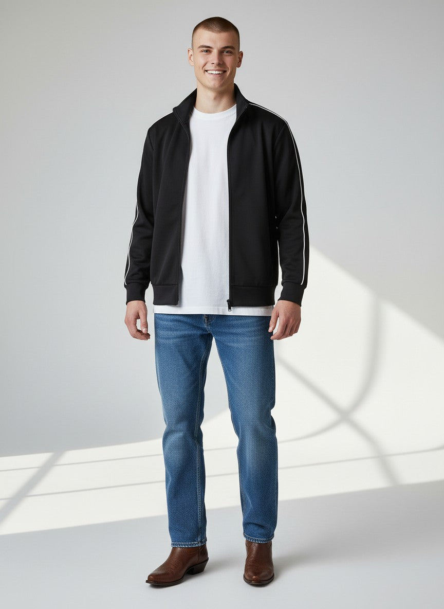 Sport Black Zip-Up Jacket – Contrast Stripe Detail
