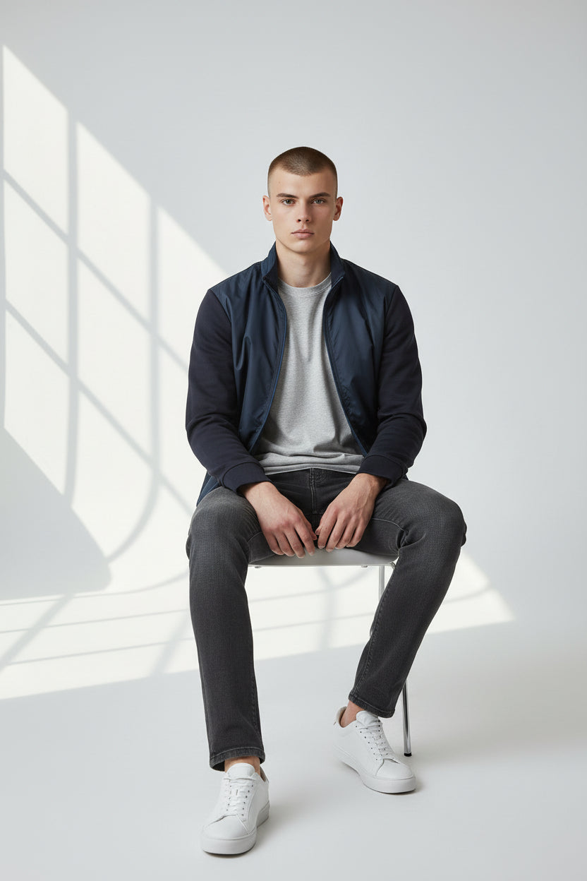 Premium Navy Hybrid Jacket | Contemporary Zip Front