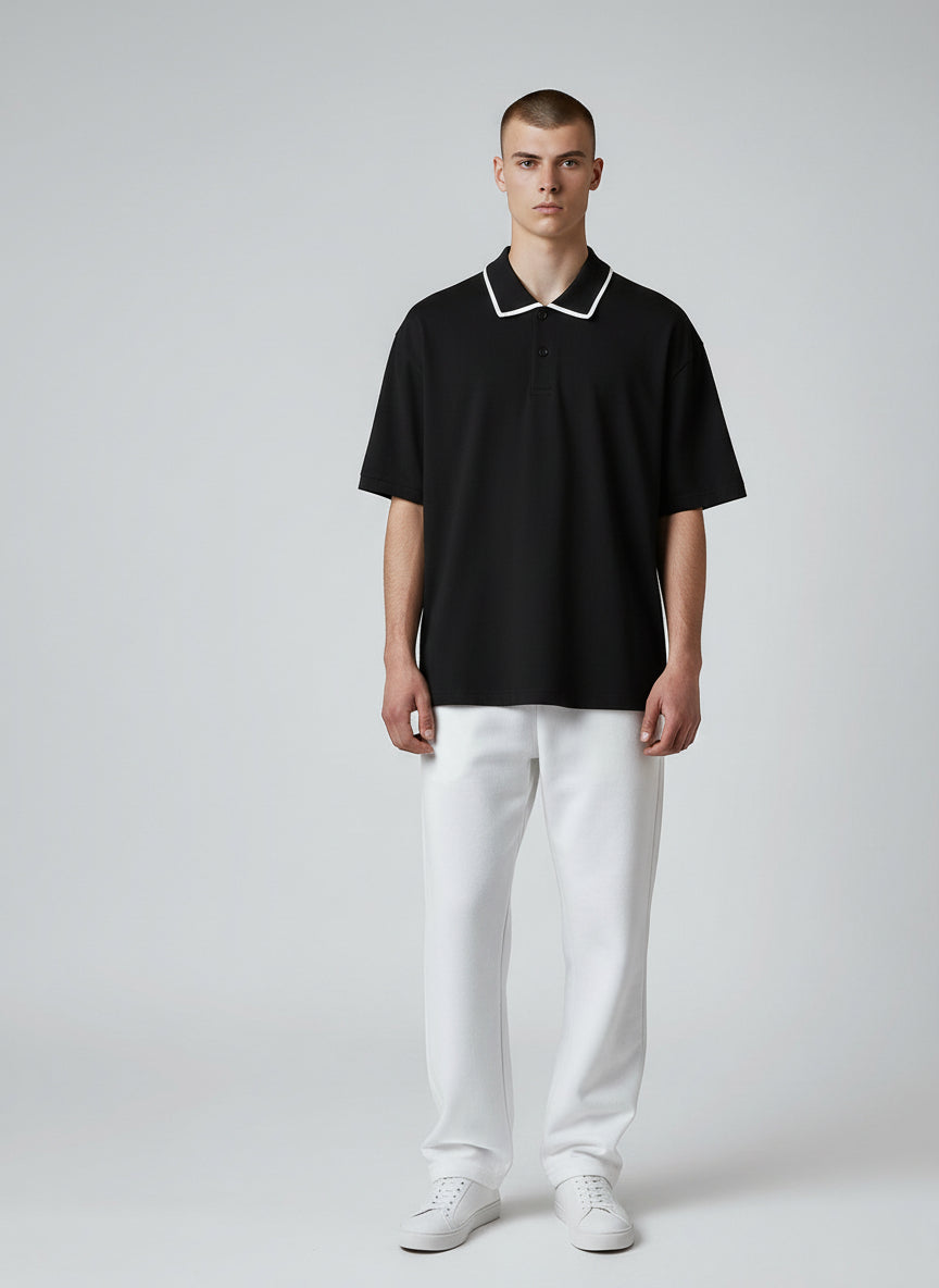 Technical Modern Black Polo with White Trim | Minimal Essential