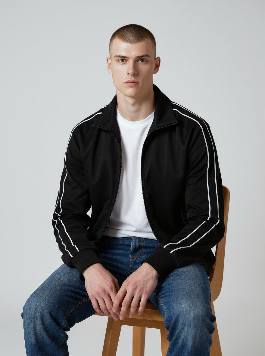 Sport Black Zip-Up Jacket – Contrast Stripe Detail