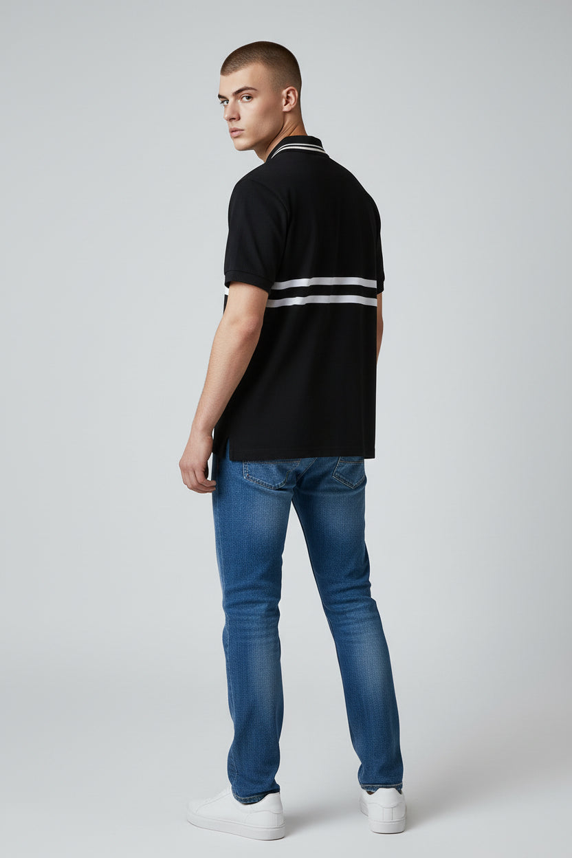 Premium Black Technical Polo Shirt with Double White Stripe