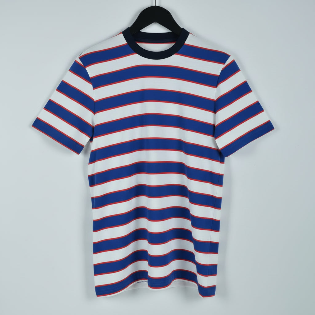 Modern Striped T-Shirt – Blue & White with Red Accent