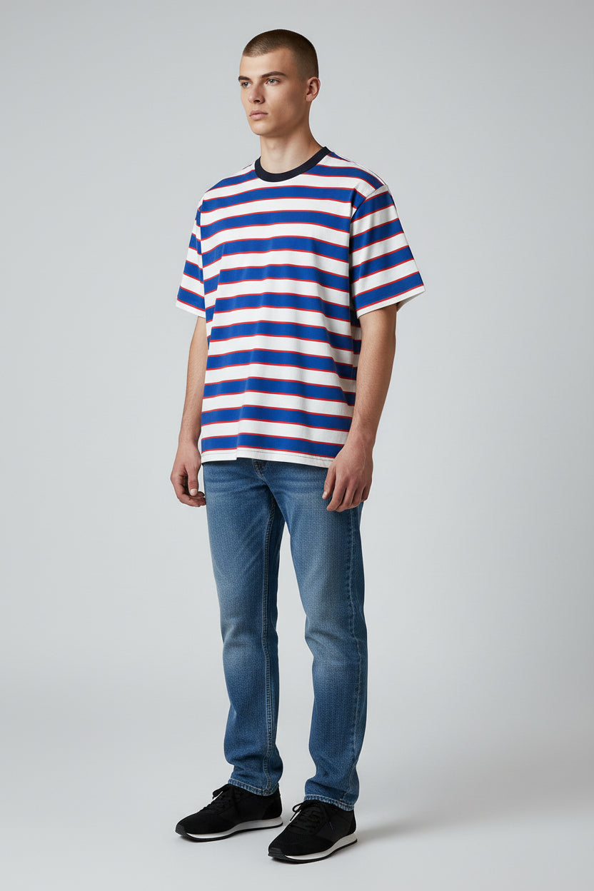 Modern Striped T-Shirt – Blue & White with Red Accent