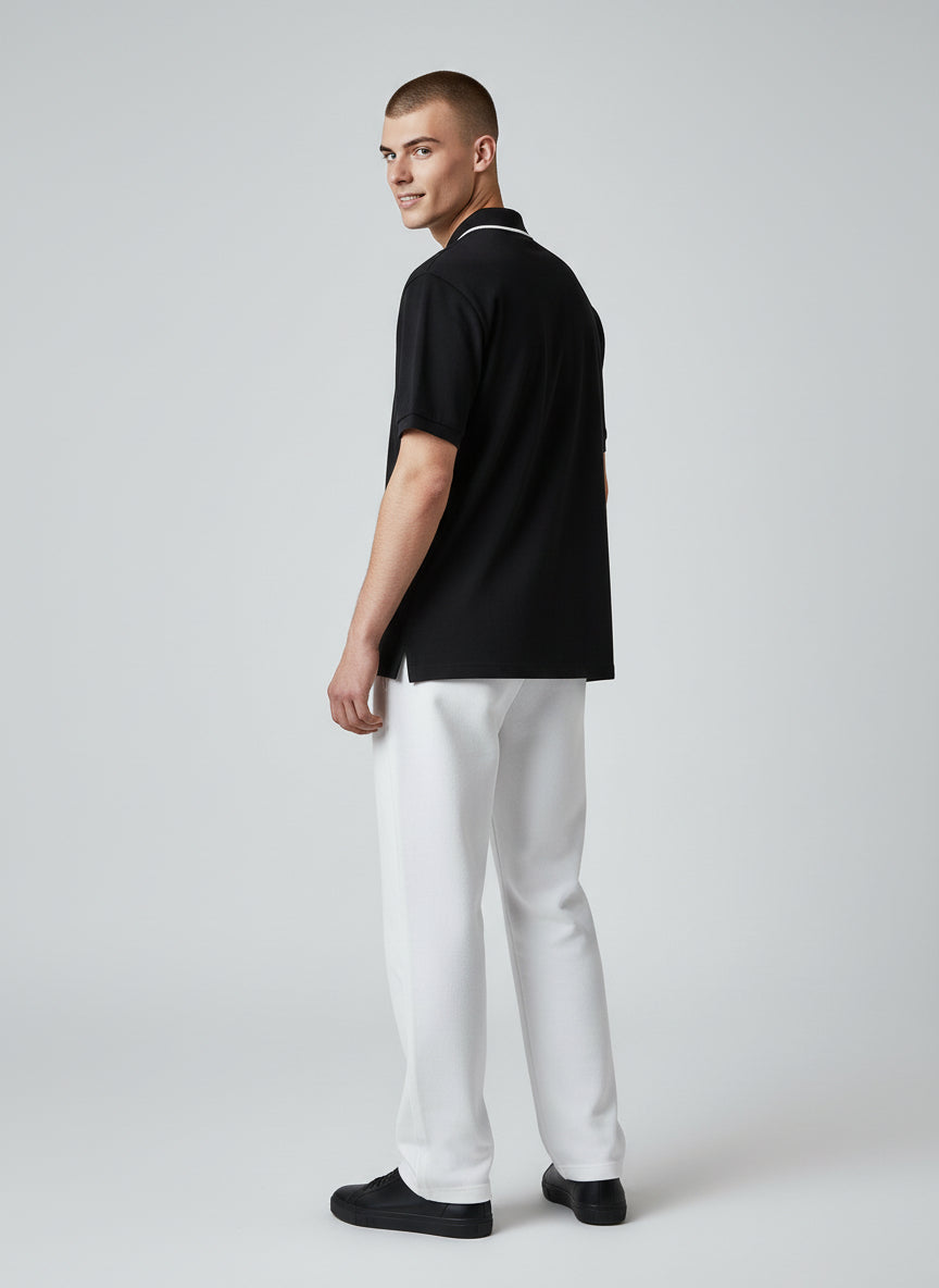 Technical Modern Black Polo with White Trim | Minimal Essential