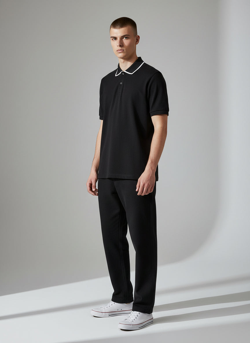 Technical Modern Black Polo with White Trim | Minimal Essential