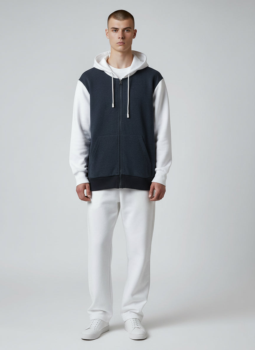 Modern Two-Tone Zip Hoodie – Navy & White Contrast