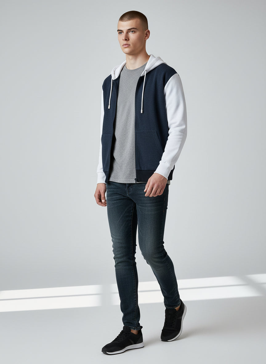 Modern Two-Tone Zip Hoodie – Navy & White Contrast