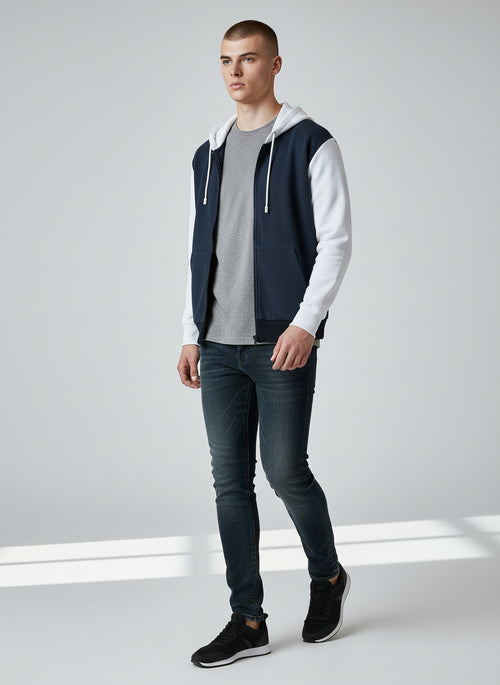 Modern Two-Tone Zip Hoodie – Navy & White Contrast