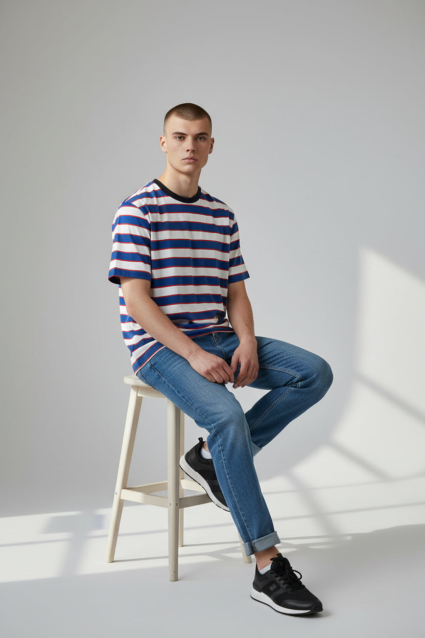 Modern Striped T-Shirt – Blue & White with Red Accent