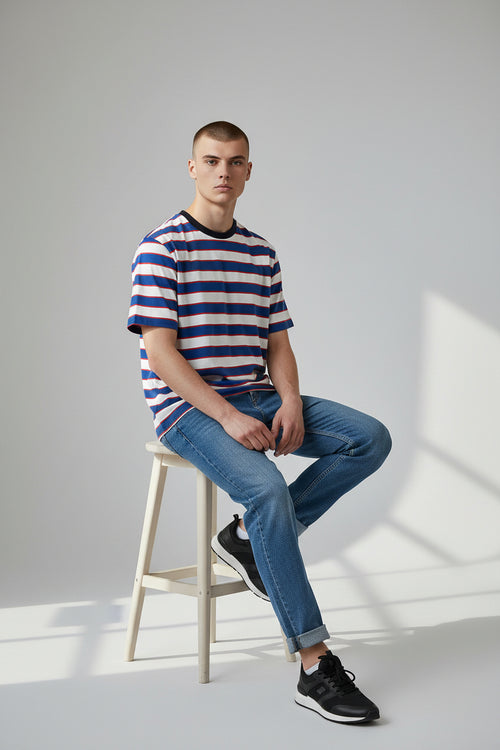 Modern Striped T-Shirt – Blue & White with Red Accent