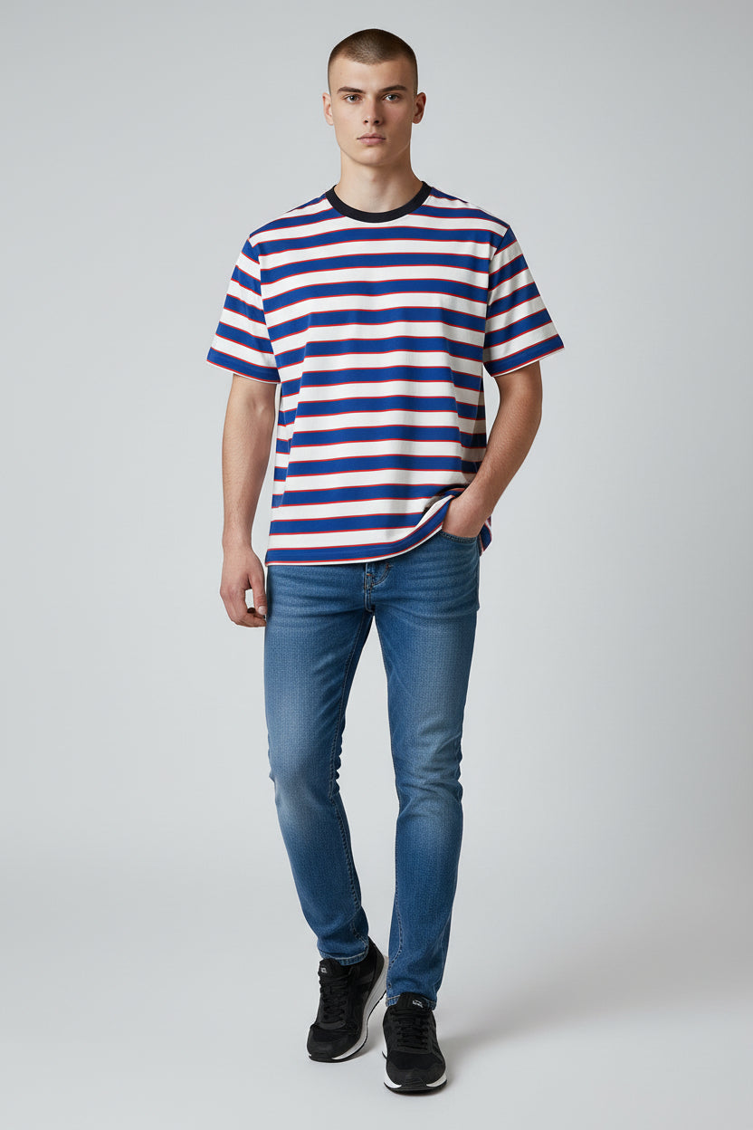 Modern Striped T-Shirt – Blue & White with Red Accent