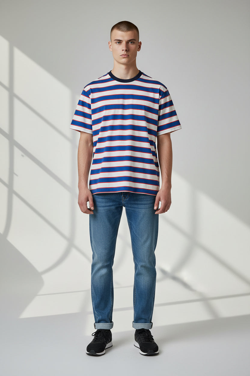 Modern Striped T-Shirt – Blue & White with Red Accent