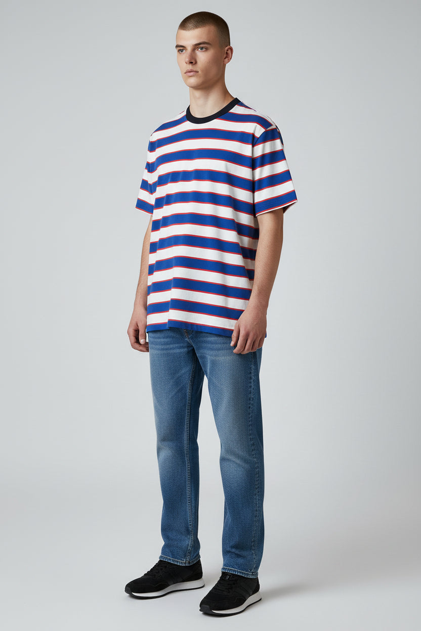 Modern Striped T-Shirt – Blue & White with Red Accent