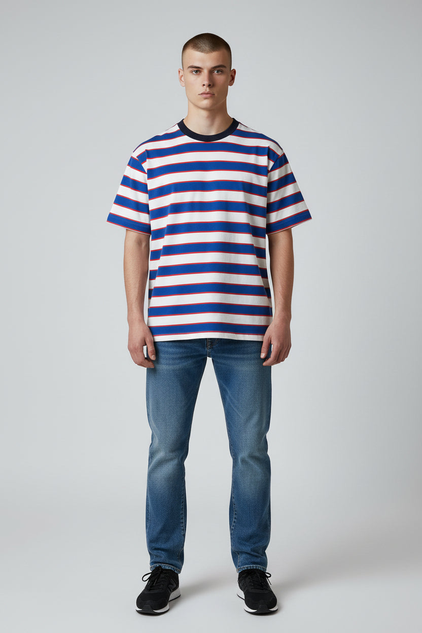 Modern Striped T-Shirt – Blue & White with Red Accent