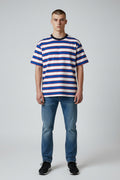 Modern Striped T-Shirt – Blue & White with Red Accent