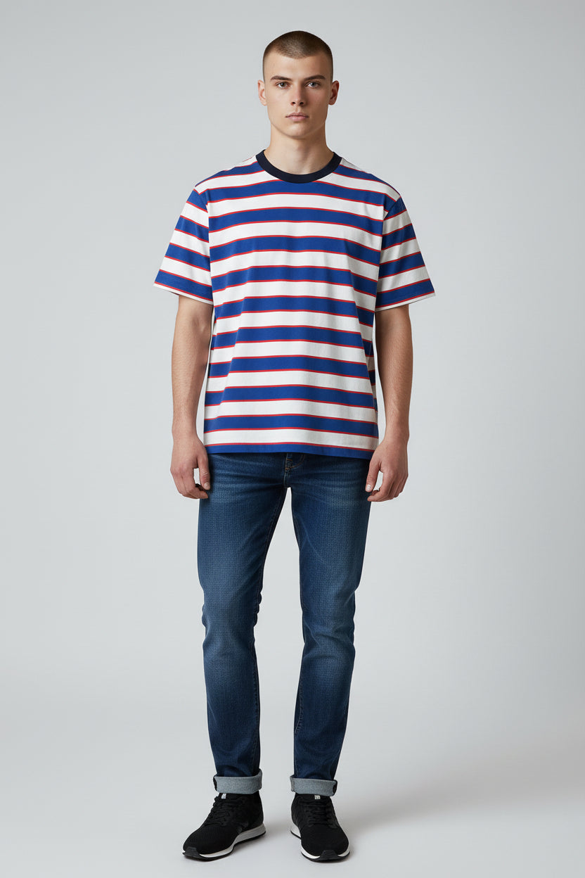 Modern Striped T-Shirt – Blue & White with Red Accent