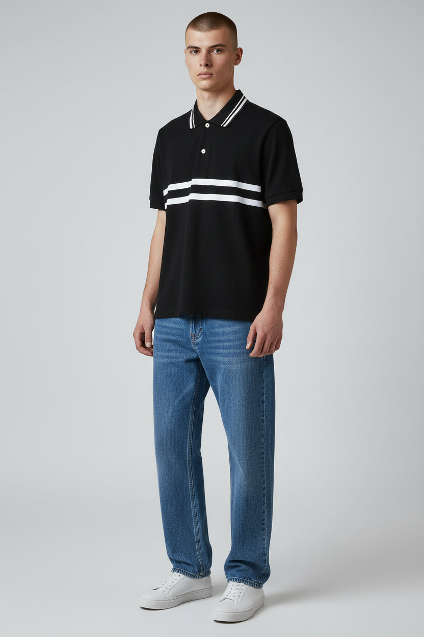 Premium Black Technical Polo Shirt with Double White Stripe