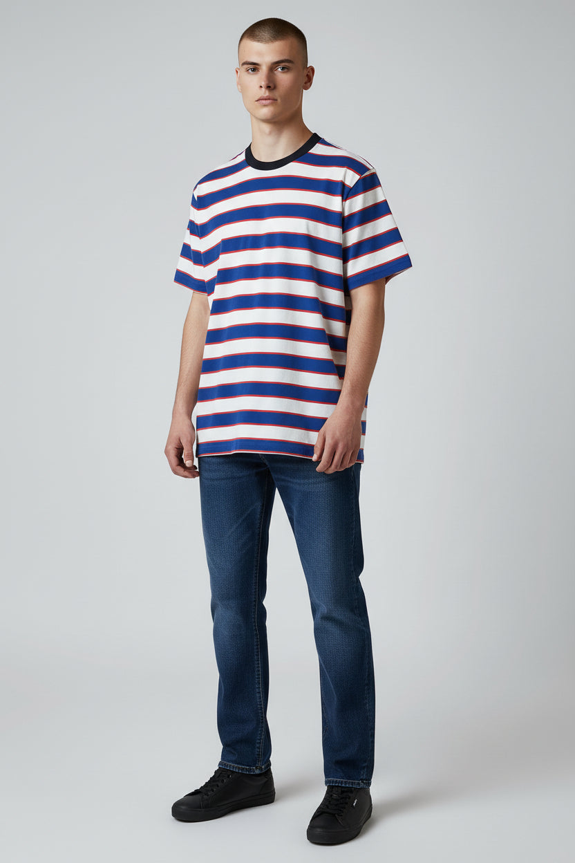 Modern Striped T-Shirt – Blue & White with Red Accent