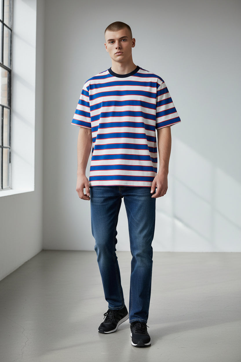 Modern Striped T-Shirt – Blue & White with Red Accent