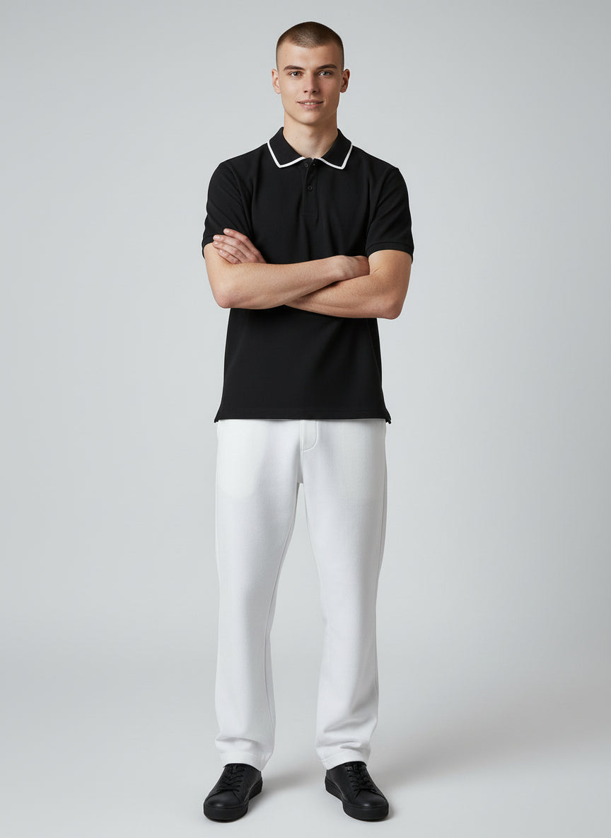 Technical Modern Black Polo with White Trim | Minimal Essential