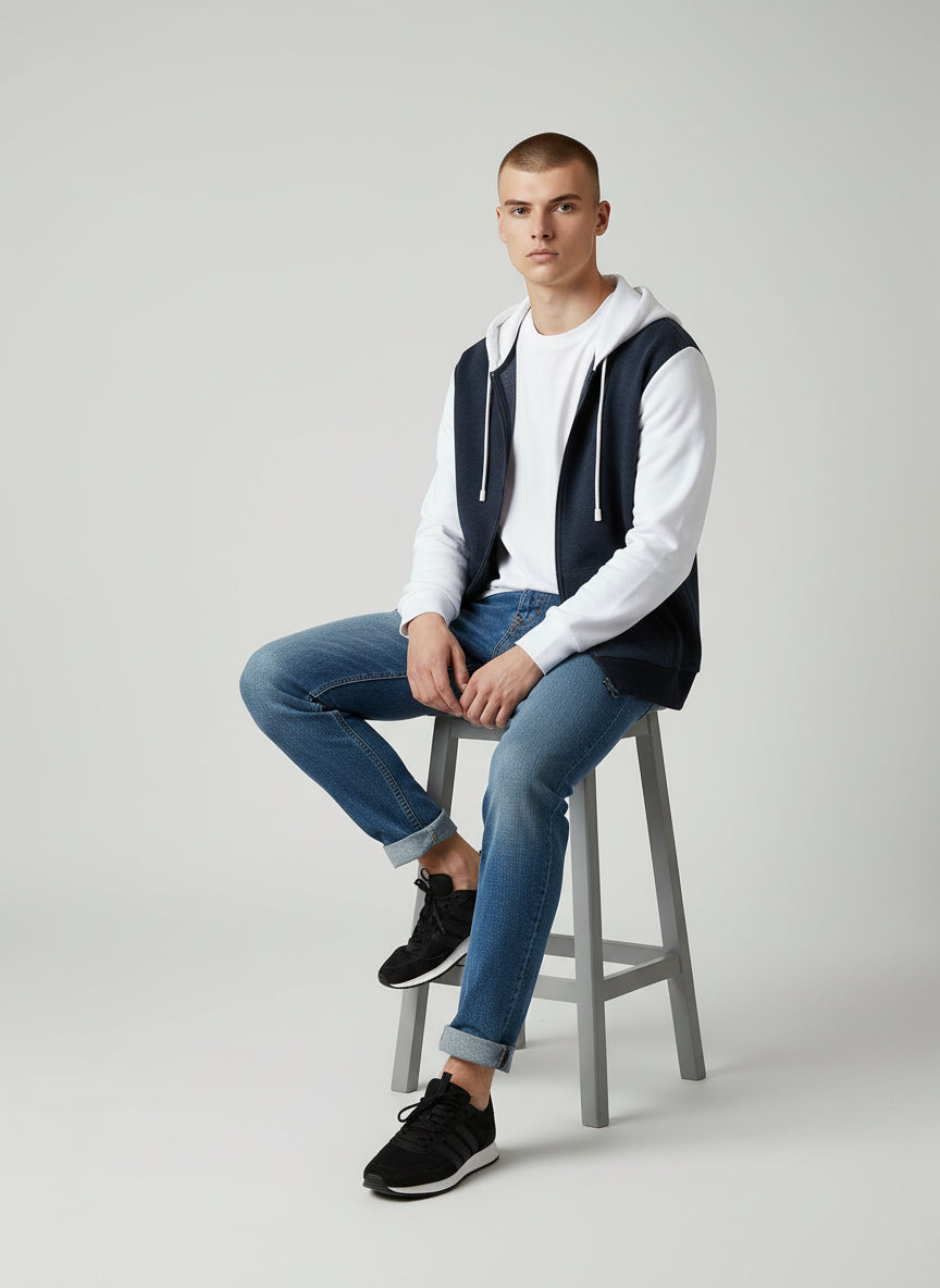 Modern Two-Tone Zip Hoodie – Navy & White Contrast