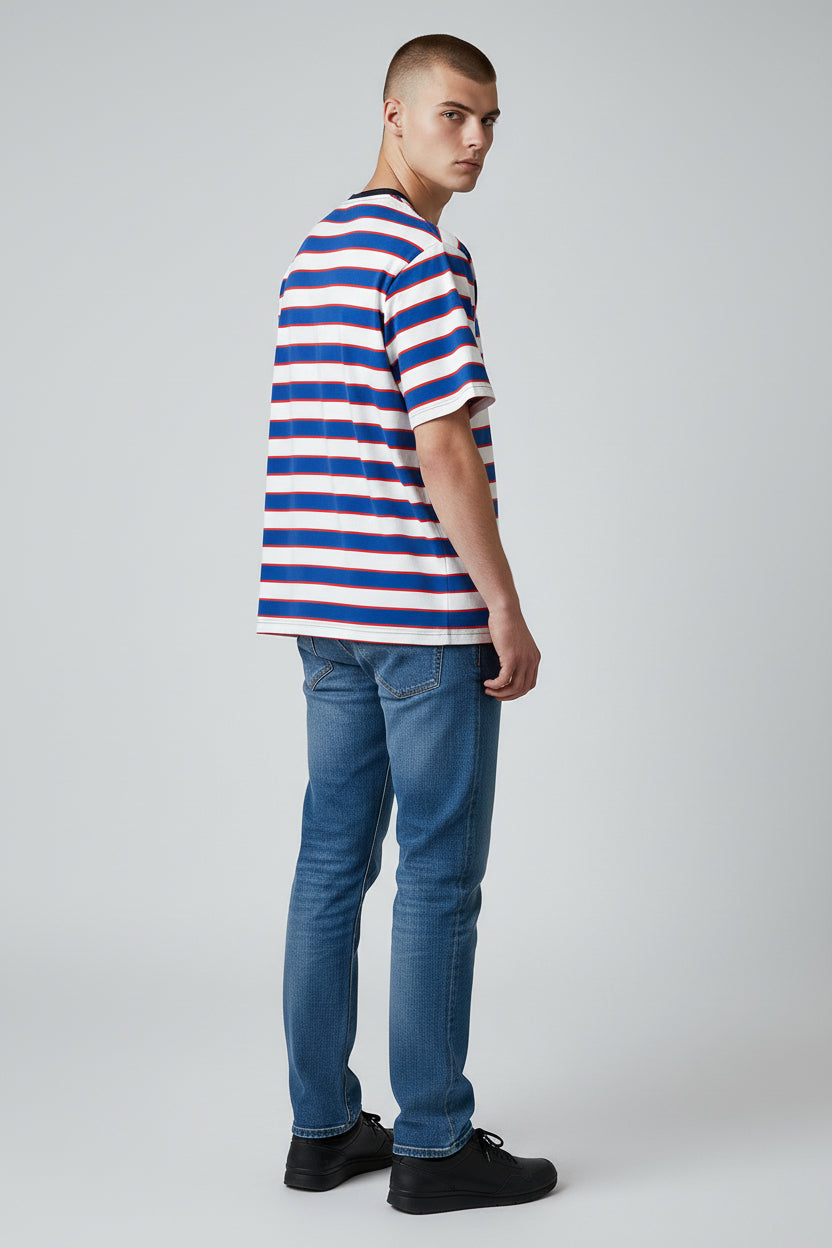 Modern Striped T-Shirt – Blue & White with Red Accent
