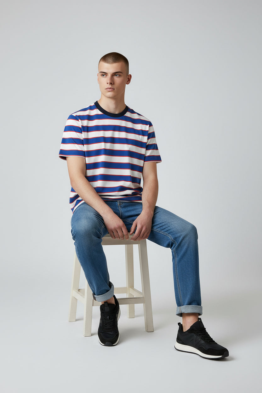 Modern Striped T-Shirt – Blue & White with Red Accent