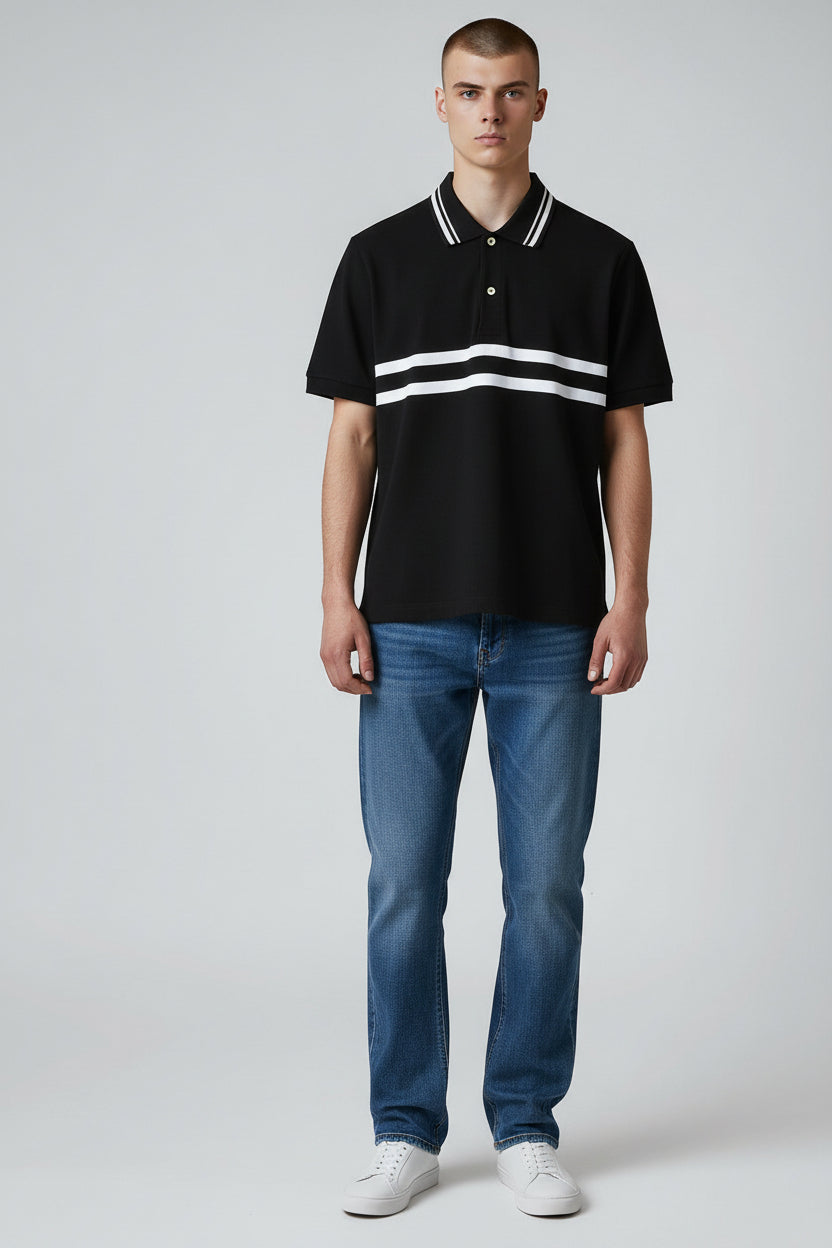 Premium Black Technical Polo Shirt with Double White Stripe