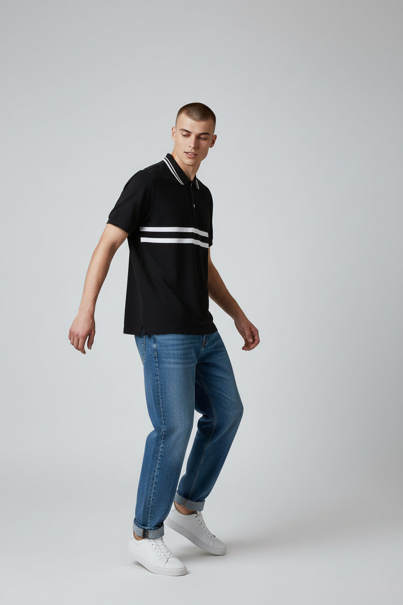 Premium Black Technical Polo Shirt with Double White Stripe